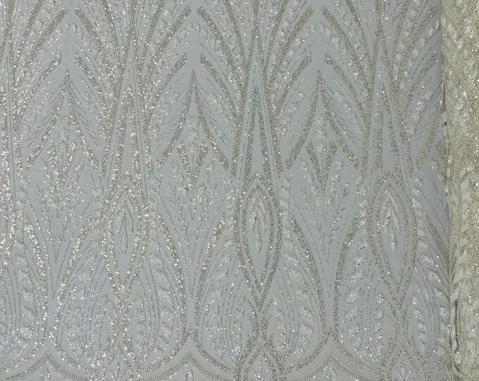 Ivory Wedding Beaded Fabric Sold By The Yard - Embroidered Beaded Wedding Bridal Fabric