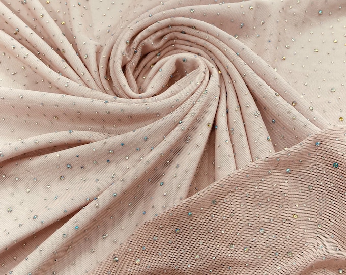 Blush | AB Rhinestones Fabric On Blush Power Mesh Polyester Spandex Fabric With Crystal Stones | AB Rhinestones Fabric sold by yard