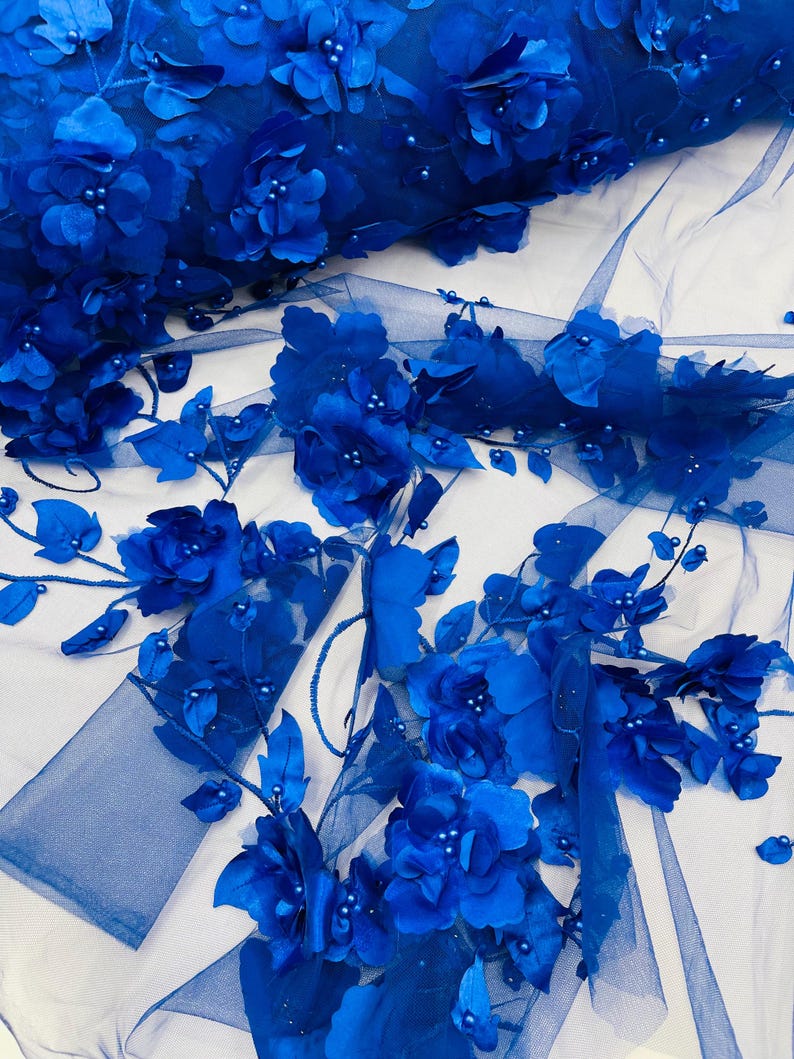 ROYAL BLUE 3D FLORAL WITH VINES AND PEARLS ON A Compatible for BLACK MESH LACE-SOLD BY YARD main image 0