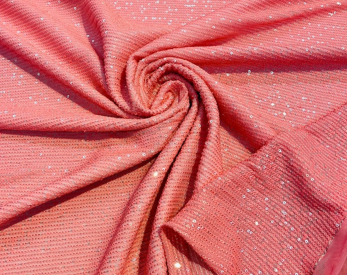 Coral Iridescent Mille Striped Stretch Sequins | by the yard | Lace 4 Way Mesh-Prom-Gown | Wedding Couture Fabric | Sequin Fabric