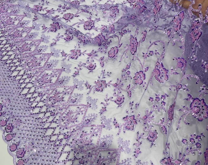 Lilac Beaded Sequined Lace Fabric: Embroidered Mesh, Bridal Wedding Dress