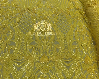 Yellow Sequin Lace Mesh Fabric – Selena Design, 4-Way Stretch, Prom Gown