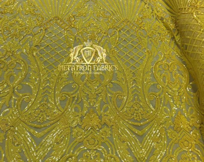 Yellow Sequin  - Selena Design on a 4 Way Stretch Sequin Lace Mesh - Prom Gala Gown Fabric By Yard