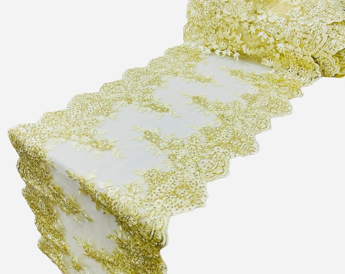 Ivory Gol Metallic Floral Lace Fabric For Runner by the yard, 15" Wide Metallic Corded Lace Embroidery With Sequins on a Mesh Lace Fabric