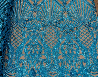 Turquoise Sequin Fabric/Black Mesh Damask Selena Design on a 4 Way Stretch Sequins Fabric Mesh-Prom-Gown By Yard