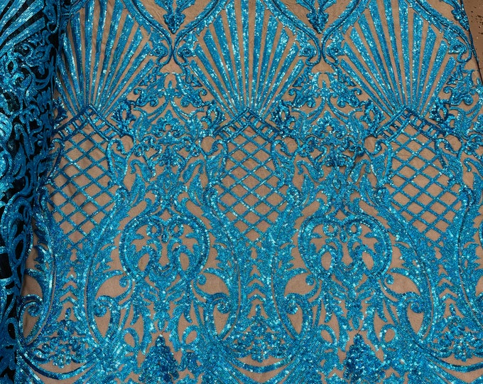 Turquoise Sequin Fabric/Black Mesh Damask Selena Design on a 4 Way Stretch Sequins Fabric Mesh-Prom-Gown By Yard