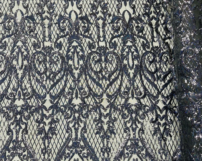 Black Holographic Sequins Fabric | 4 Way Stretch Mesh | Embroidered Damask Design With Sequin Lace Prom-Gown by the yard