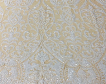 White Sequin Damask Fabric, Nude Four-Way Stretch Mesh