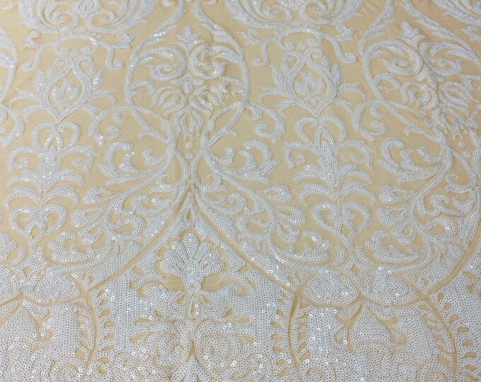 White Sequin on Nude Mesh Fancy Damask Zoe Design on a 4 Way Stretch Mesh Fabric for Prom Gala Gown