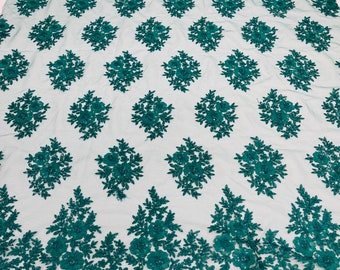Teal Green Lace Fabric - by yard - Corded Flower Embroidery With Sequins on a Mesh Lace Fabric For Wedding-Bridal-Dress