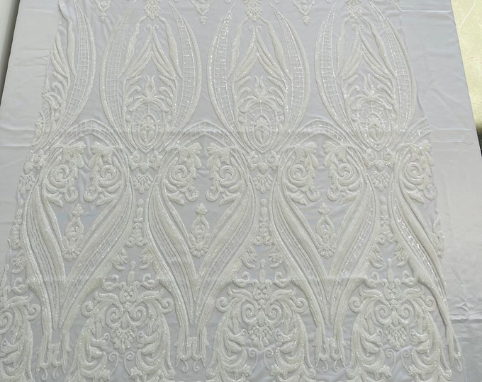 White Sequins - 4 Way Stretch Fancy Big Damask Design Sequins on Spandex Mesh Prom Gala Gown Fabric By The Yard