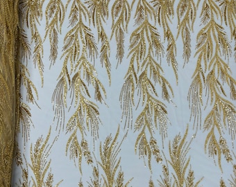 Gold Leaf Beaded Fabric - Embroidered Bridal Mesh, Sold By The Yard