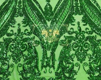 Emerald Green Sequin  - 4 Way Stretch Fancy Big Damask Design Sequins on Spandex Mesh Prom Gala Gown Fabric By The Yard