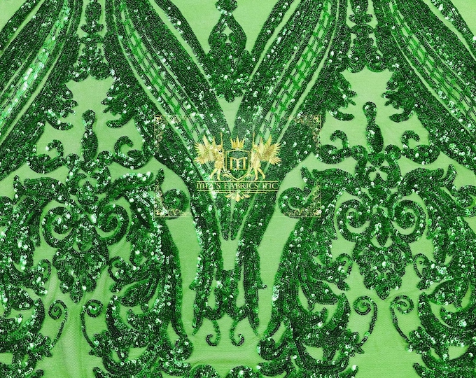 Emerald Green Sequin  - 4 Way Stretch Fancy Big Damask Design Sequins on Spandex Mesh Prom Gala Gown Fabric By The Yard