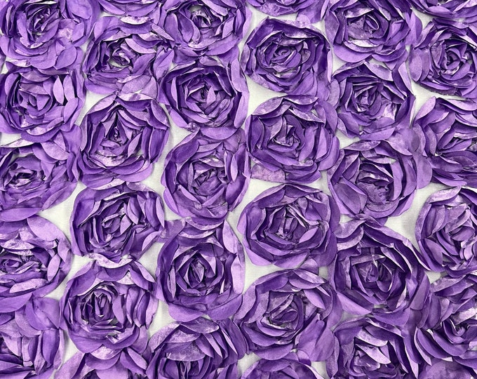 Lavender Rosette Fabric 3D Floral Fabric By The Yard, Peony Bouquet Fabric on Mesh, 3D Rosette Satin Fabric Wedding Decor.