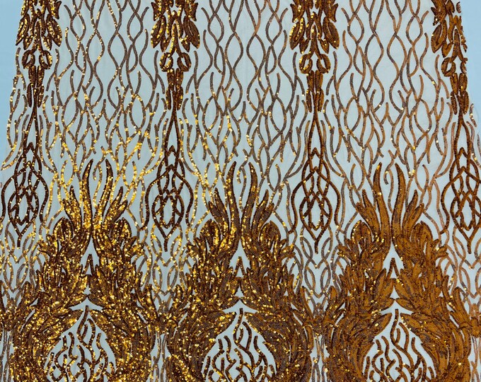 Orange Sequin Fabric on Nude Mesh - Damask Design 4 Way Stretch Iridescent Sequins Fabric (Pick a Size) by the yard