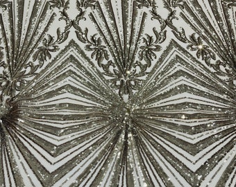 Gold Damask Geometric Design 4 Way Stretch, Embroidered With Sequins On Nude Power Mesh, By The Yard