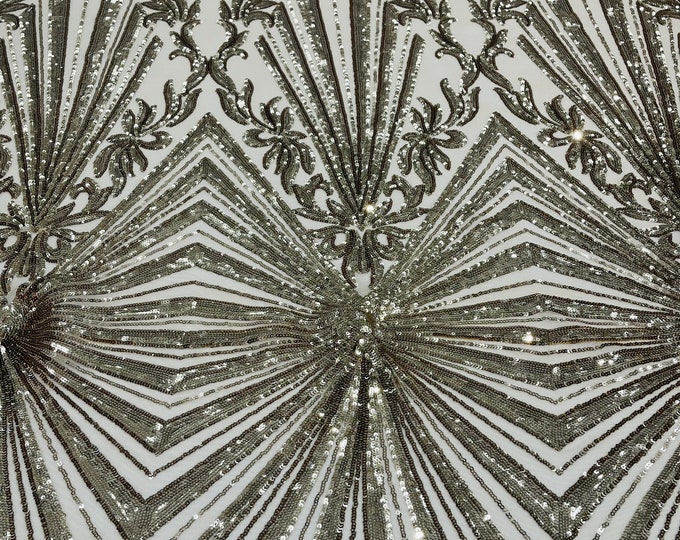 Gold Damask Geometric Design 4 Way Stretch, Embroidered With Sequins On Nude Power Mesh, By The Yard