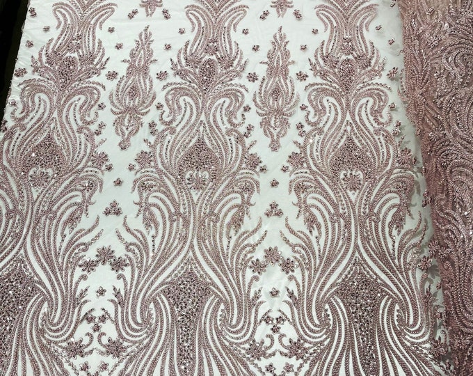 Rose Floral Design - by the yard - Beaded Fabric, Embroidered With Pearls and Beads on Mesh Lace Fabric