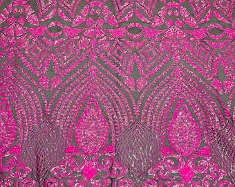 Neon Pink Geometric Sequin Fabric - 4-Way Stretch Mesh, Sold By The Yard