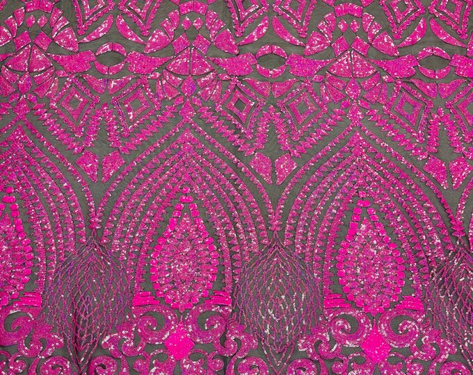 Iridescent Neon Pink - 4 Way Stretch Geometric Sequins Bella Design on Mesh Fabric for Prom Gala Gown Sold By The Yard