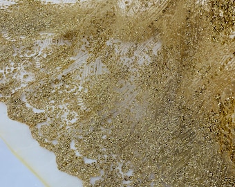 Gold Glitter on Mesh Lace Fabric By The Yard for Wedding Decor - Geometric Damask Glitter Fabric  Bridal/Prom - Shimmer - Luxury Sparkle M