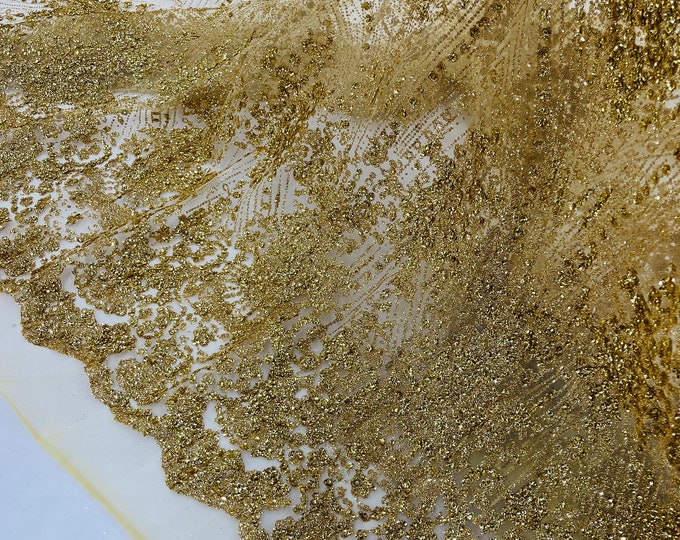 Gold Glitter on Mesh Lace Fabric By The Yard for Wedding Decor - Geometric Damask Glitter Fabric  Bridal/Prom - Shimmer - Luxury Sparkle M