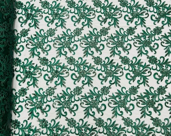 Hunter Green Floral Lace Fabric: Embroidered Sequins Mesh, Bridal Gown by the yard