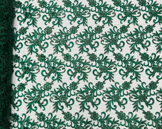Hunter Green Floral Lace Fabric, by the yard - Embroidery With Sequins on a Mesh Lace Fabric For Gown, Wedding-Bridal