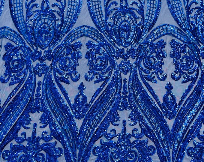 Royal Blue Sequins Fabric - 4 Way Stretch Fancy Big Damask Design Sequins on Spandex Mesh Prom Gala Gown Fabric By The Yard