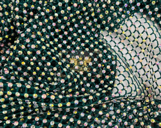 Iridescent Rhinestones Fabric by the yard On Hunter Green Stretch Net Fabric, Spandex Fish Net with Crystal Stones