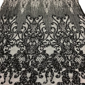 Black Sequin Lace Fabric: Damask Embroidered Mesh, 4-Way Stretch