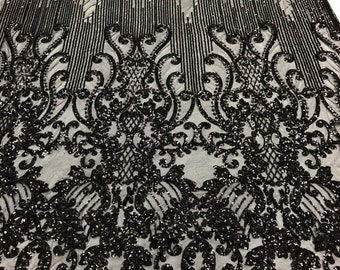 Black Sequin Lace Fabric: Damask Embroidered Mesh, 4-Way Stretch