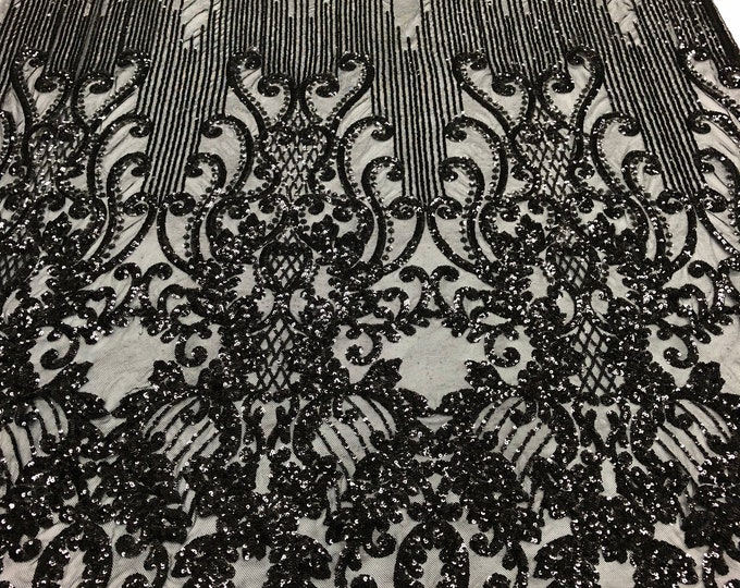 Black Sequins Lace Fabric On Mesh Damask Design Embroidered On 4 way Stretch Sequin By The Yard -Prom-Gown ( Choose The Size )