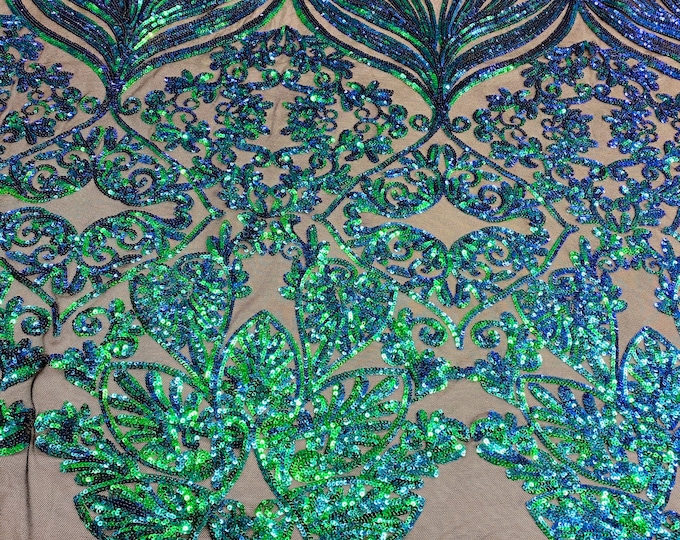 Iridescent Green Sequin on Black Mesh 4way Stretch Embroidery With Sequin on a Mesh Lace Fabric By The Yard For Gown, Wedding-Bridal-Dress