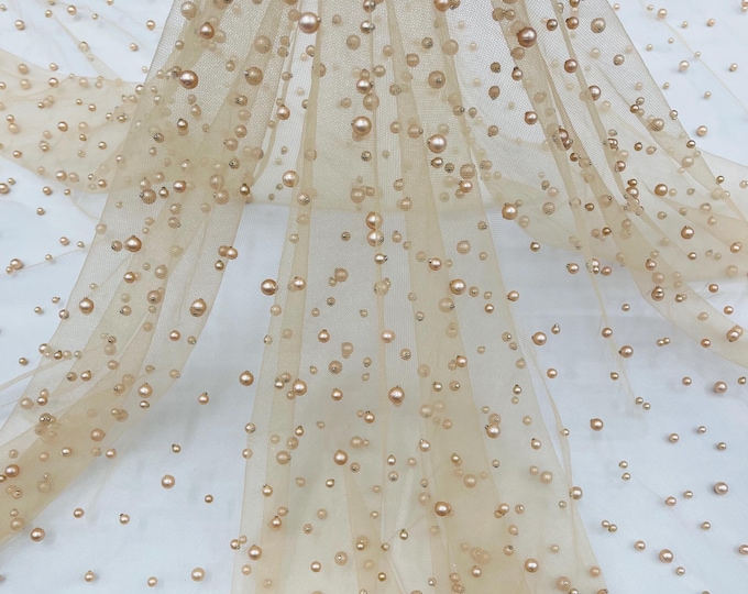 Nude, Scattered Pearls Studded Mesh, by the yard - 2 Way Stretch, Pearls On Mesh, Scattered Pearls on Mesh, Bead Wedding Bridal Dress