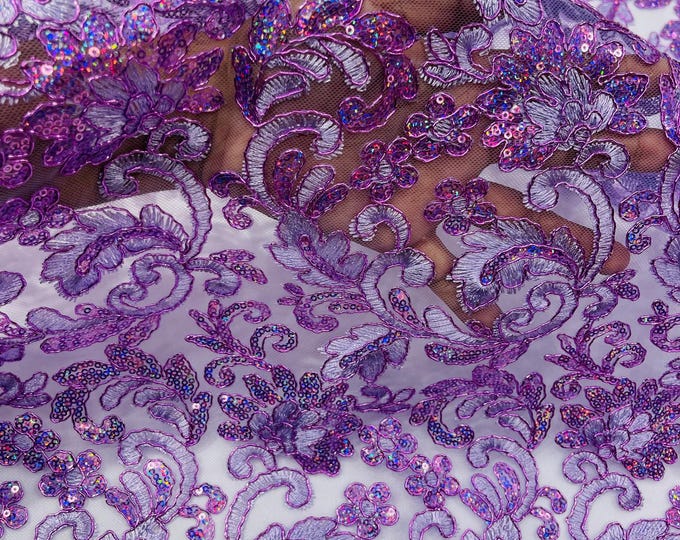 Lilac Metallic Corded Flower Lace Fabric by the yard: Embroider With Holographic Sequins Fabric