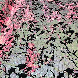 Iridescent aqua/Pink Sequin on Black Stretch Velvet, Reversible Sequins all Over 5mm Flip Sequins 2-way Stretch 60” (Choose The Quantity)