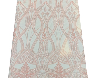 Pink Damask Beaded Fabric: Embroidered Sequin Mesh, Elegant Design By The Yard
