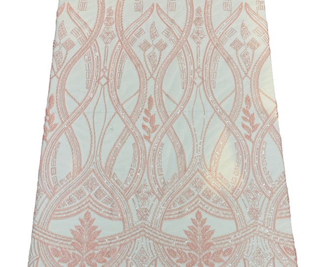 Pink Fashion Design Bead Damask Fabric, Embroidered Elegant Design With Beads and Sequins on a Mesh Sold By The Yard
