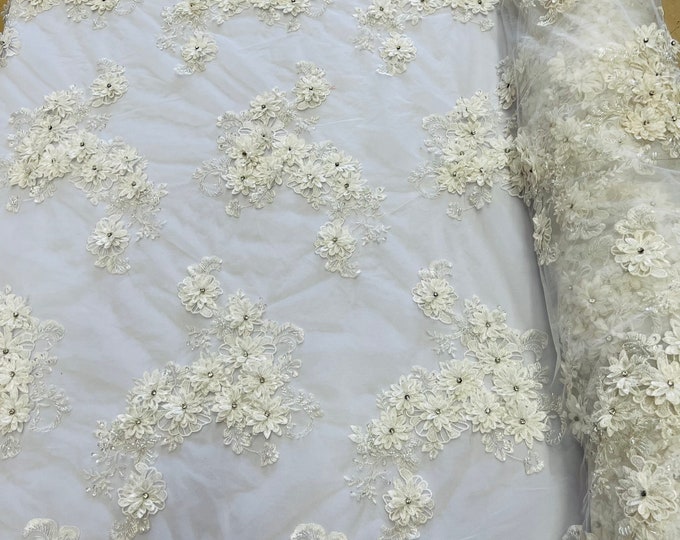 Ivory 3D Floral Lace Fabric by the yard, Flower Design Embroider With Rhinestones On a Mesh, Prom-Dresses Beaded Fabric