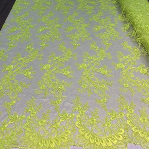 Neon Lime Green Floral Lace Fabric, Embroidery With Sequins on a Mesh Lace Fabric By The Yard For Gown, Wedding-Bridal (Choose The Quantity)