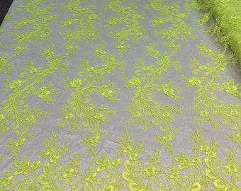 Neon Lime Green Floral Lace Fabric, Embroidery With Sequins on a Mesh Lace Fabric By The Yard For Gown, Wedding-Bridal (Choose The Quantity)