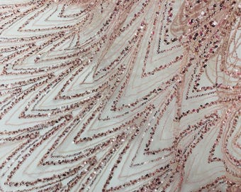 Blush Beaded Lace Fabric: Embroidered Sequins on Mesh, Bridal Wedding Dress