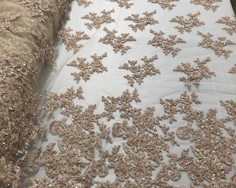 Champagne Floral Beaded Lace Fabric: Embroidered Mesh, Pearls - By The Yard