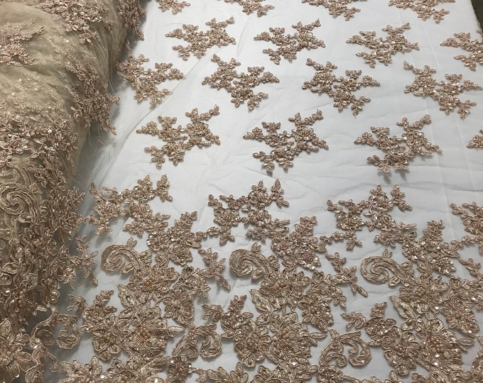 Champagne Floral Design Beaded Fabric - by the yard - Embroidered With Pearls and Beads on Mesh Lace Fabric