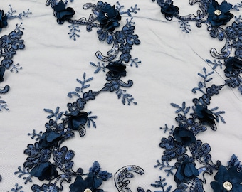 Navy Blue 3D Floral-Flower Lace Fabric | by the yard | Embroidered With Sequins & Rhinestone 3D Flower| Lace Floral | Bridal Wedding