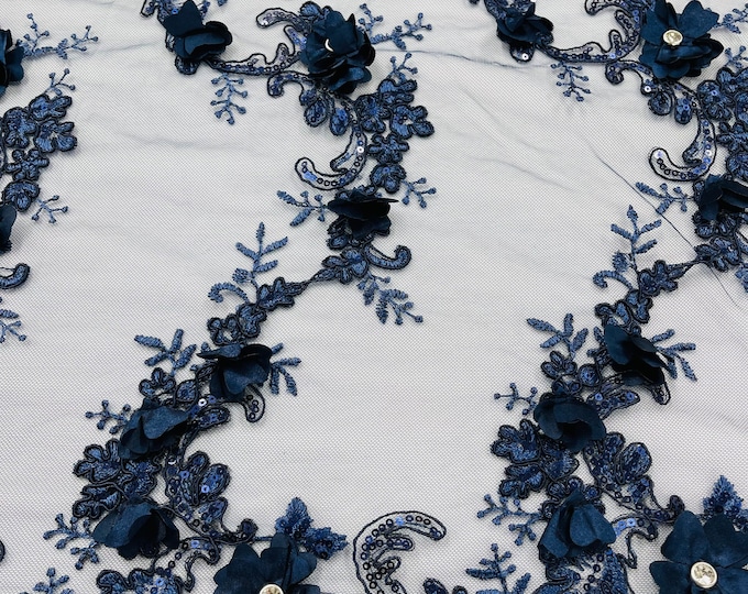 Navy Blue 3D Floral-Flower Lace Fabric | by the yard | Embroidered With Sequins & Rhinestone 3D Flower| Lace Floral | Bridal Wedding