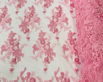 Pink Flower Cluster Beaded Fabric | by the yard | Embroidered Beaded Layered Border Fabric, Lace Beaded