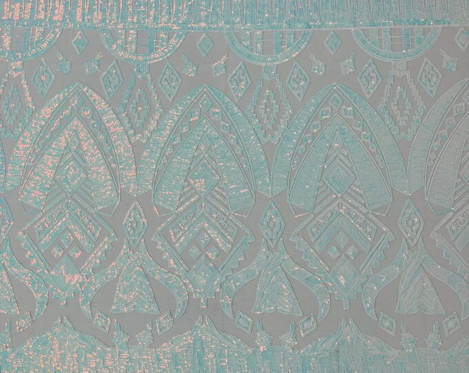 Blue/White Iridescent Sequin Fabric - Aztec Design 4 Way Stretch Embroidery With Sequin Mesh Fabric by Yard